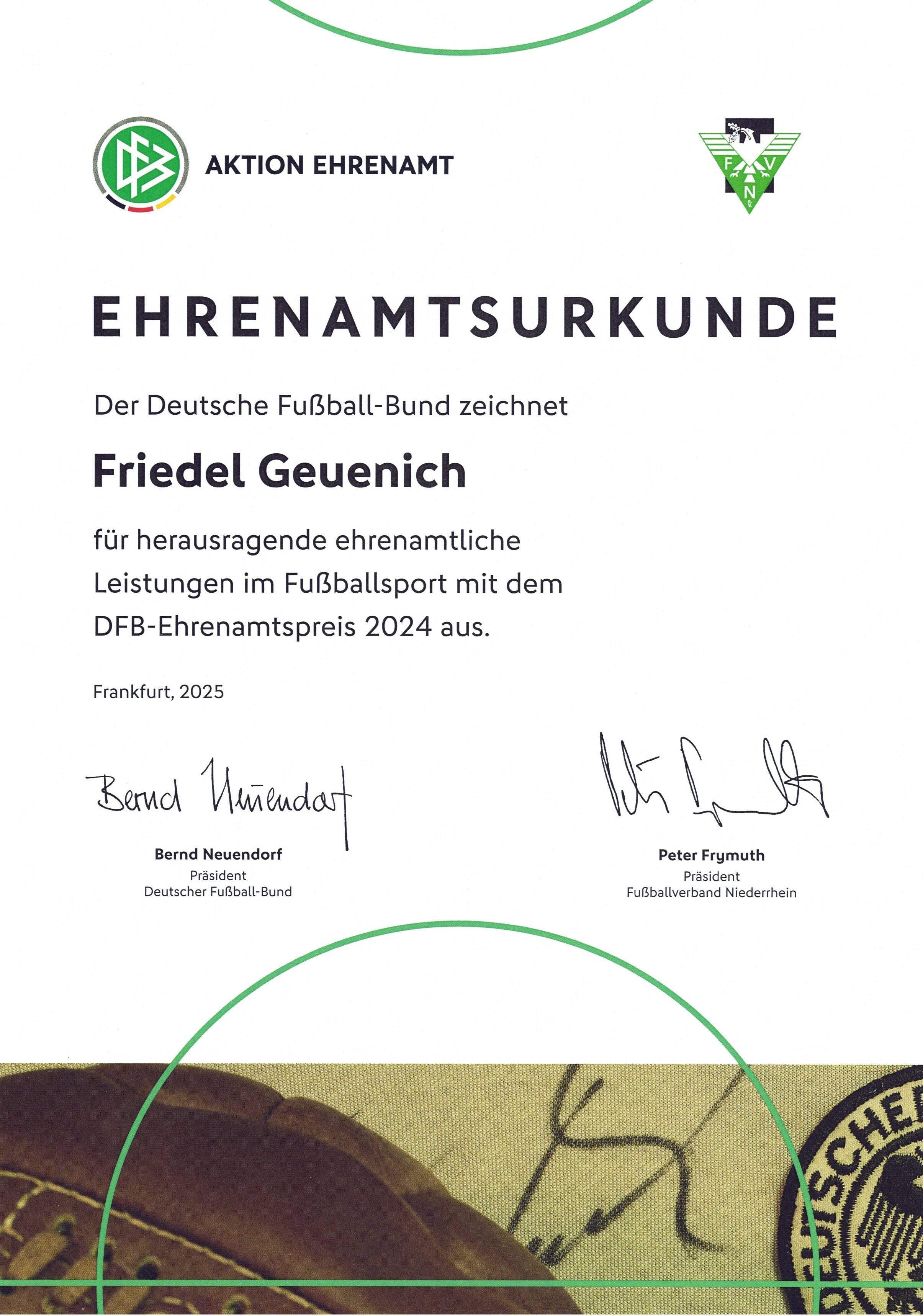 Ehrenamtsurkunde 2025 DFB Friedel Geuenich